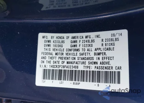 2015 Honda Accord Lx from USA, damaged, VIN 1HGCR2F38FA023496